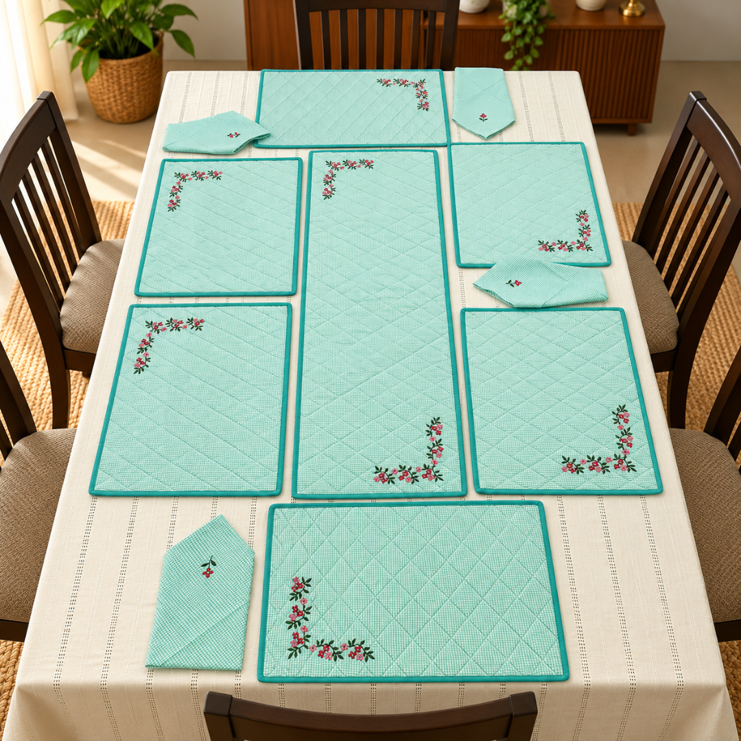 Sea Green Checked Cotton Quilted Table Mat Set
