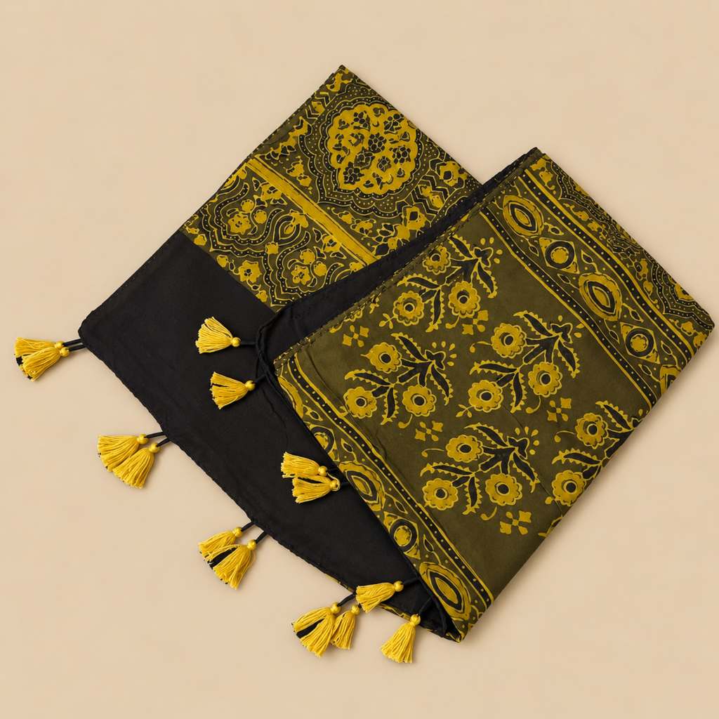 Stoles - Mustard Ajrakh Print Modal Silk Stole