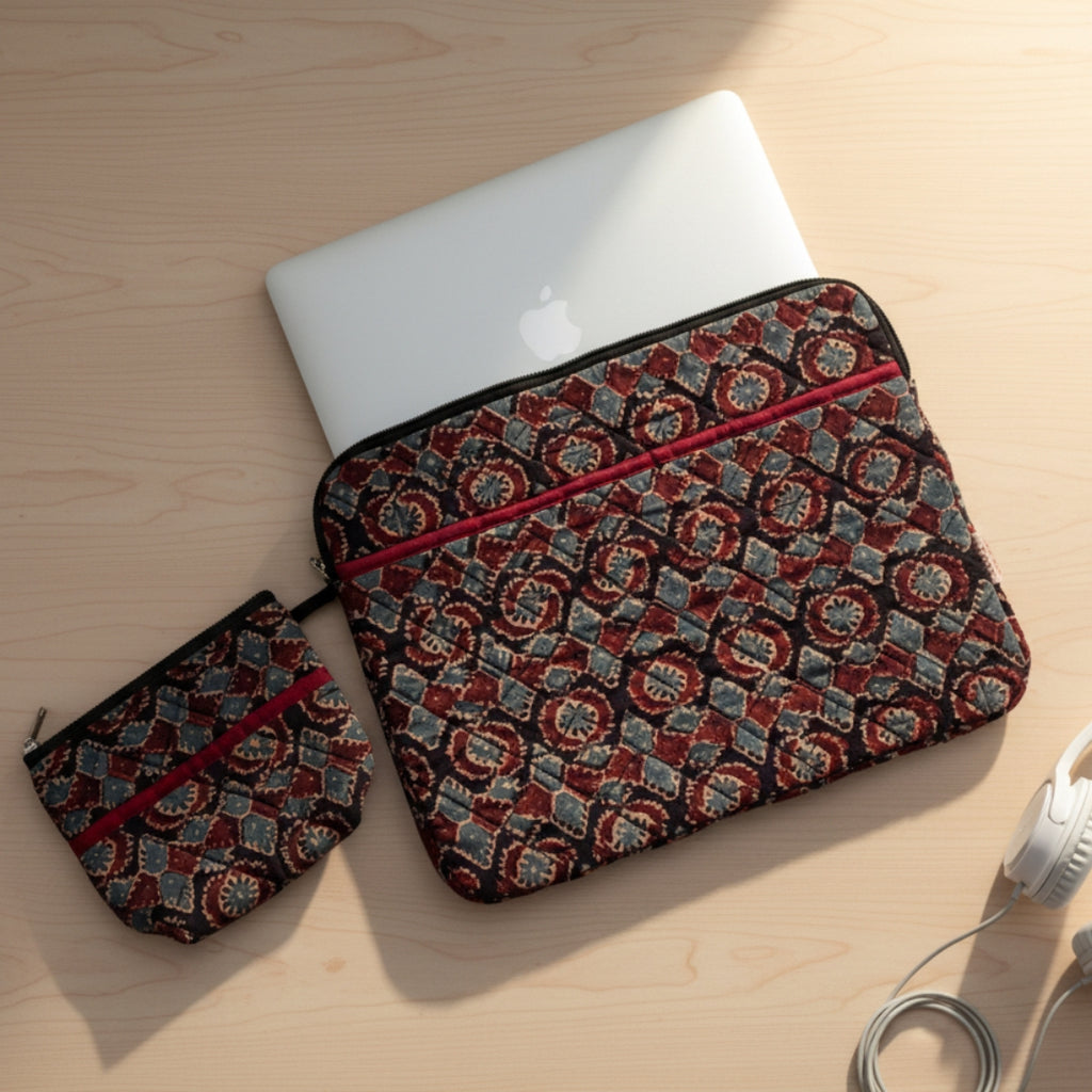 Black Ajrakh Quilted Laptop Sleeve