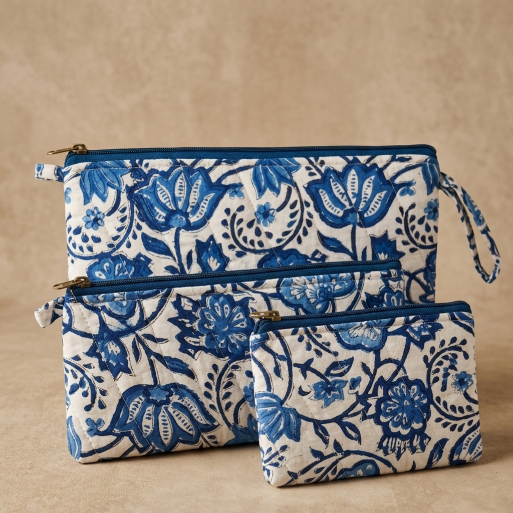 Blue Floral Set of Three Multipurpose pouch