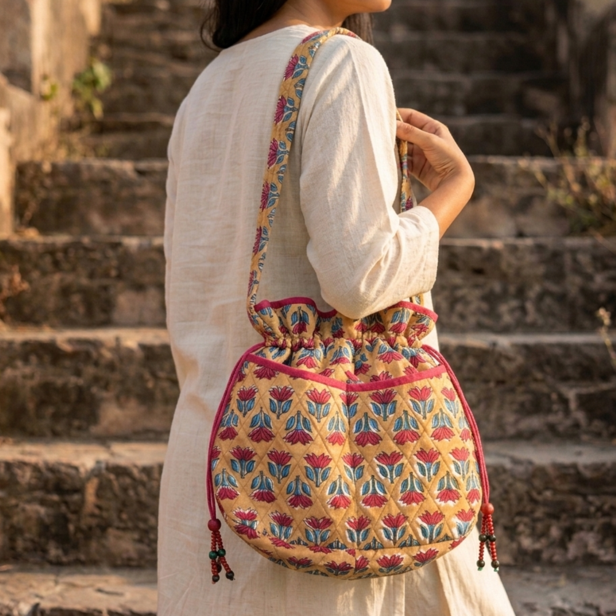 Yellow & Red Quilted Potli Bag