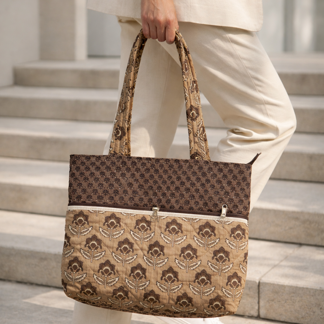 Brown Handblock Handcrafted Quilted Tote Bag