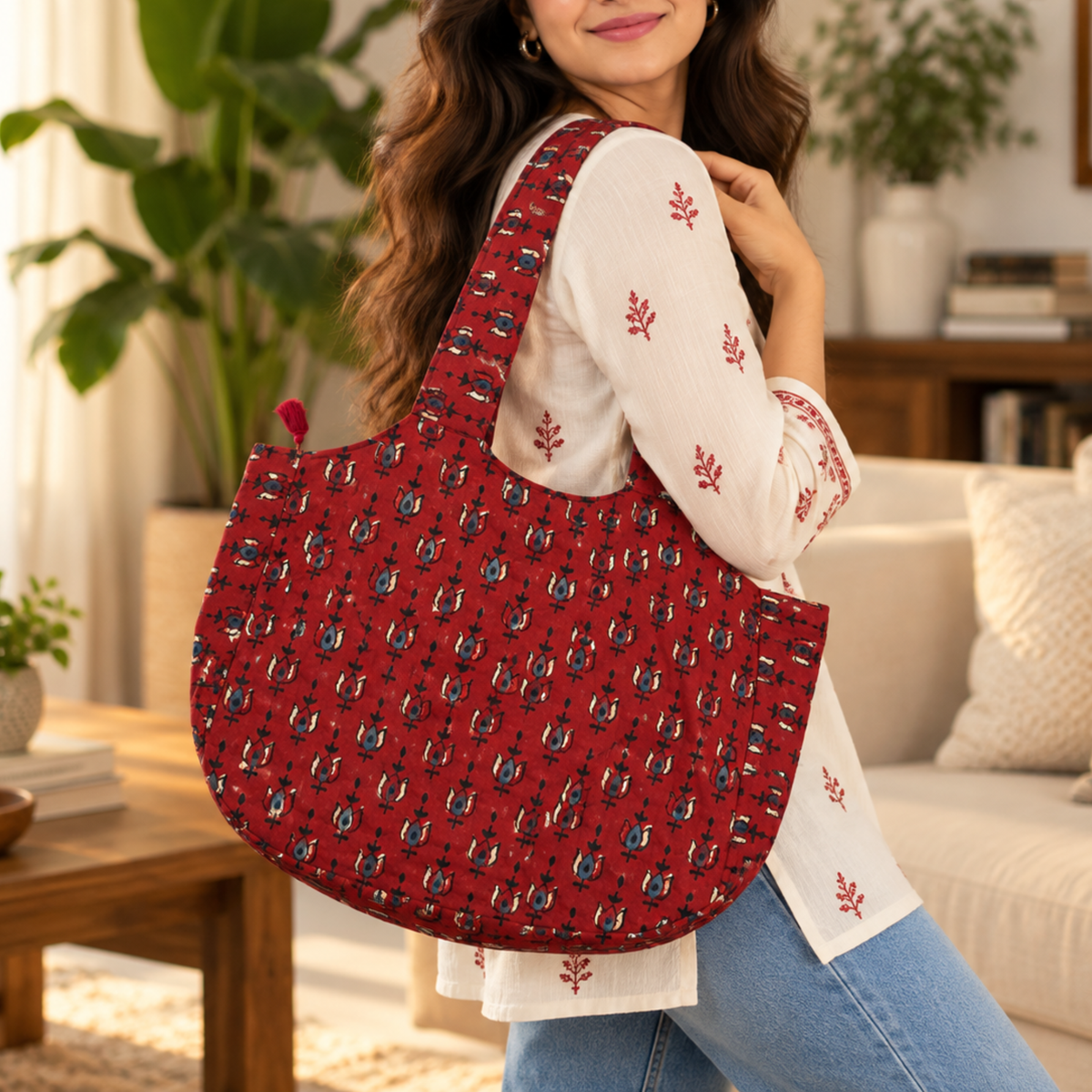 Red Ajrakh Boat Curve Quilted Tote