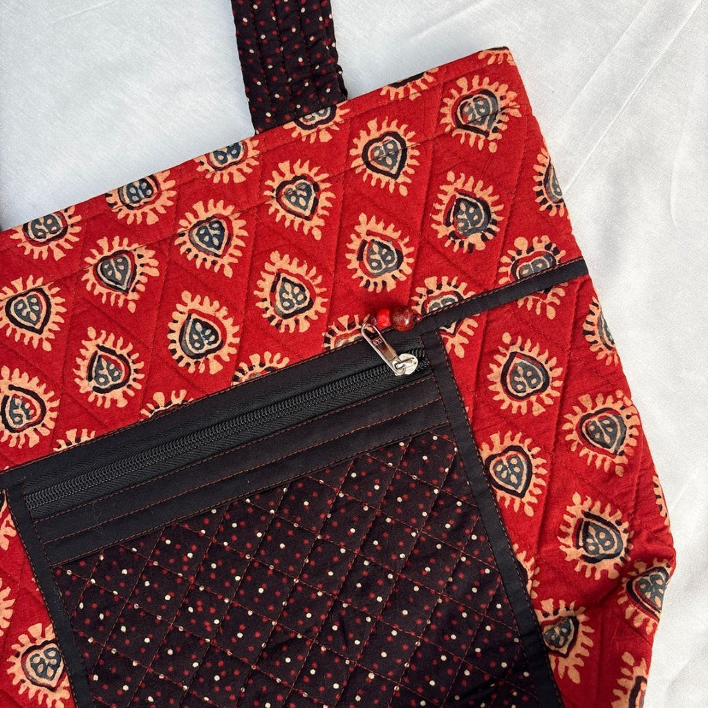 Red and Black Ajrakh Handcrafted Quilted Tote Bag