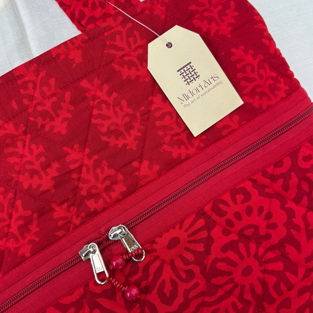 Red Handblock Handcrafted Quilted Tote Bag