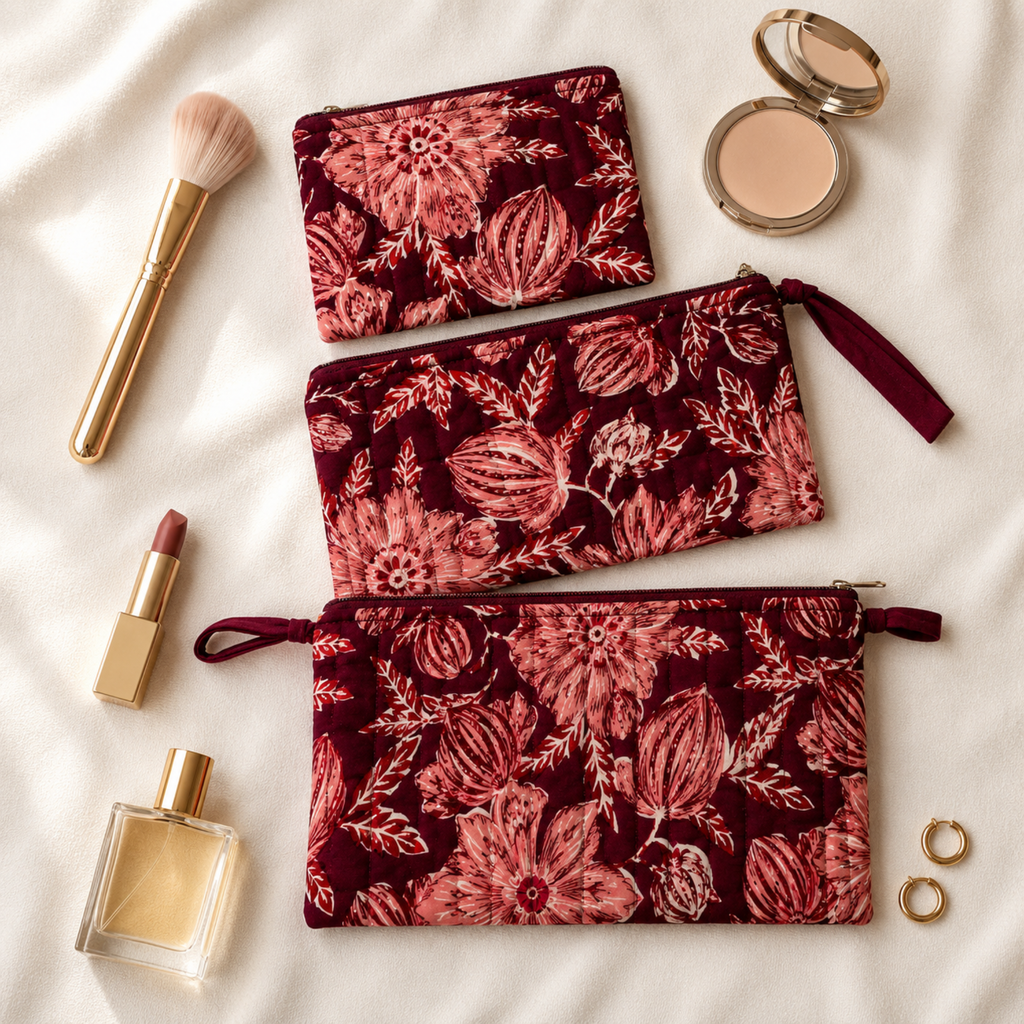 Maroon Handblock Print Set of Three Multipurpose pouch