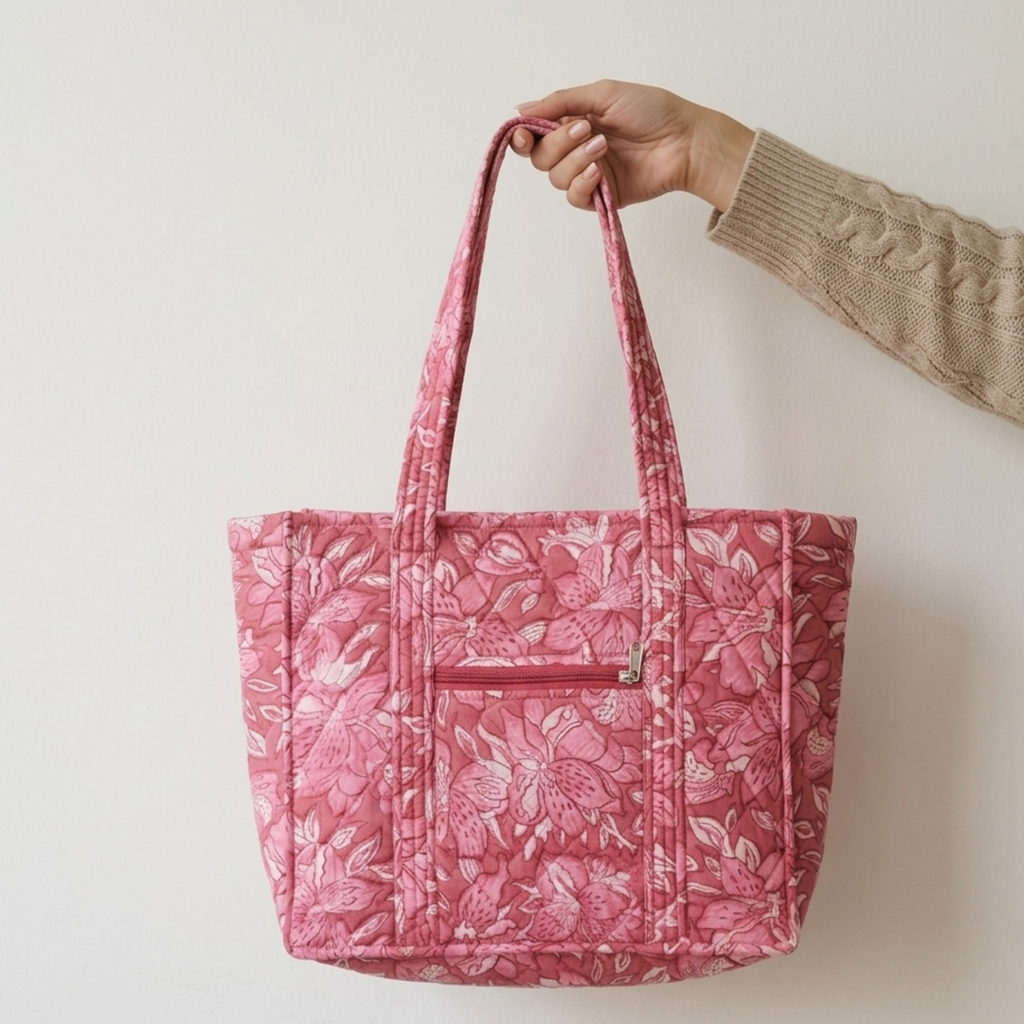 Pink Floral Handblock Print Tote Bag