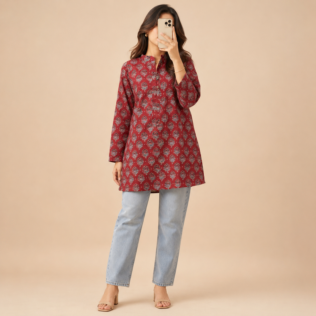 Red Ajrakh Print Short Kurti