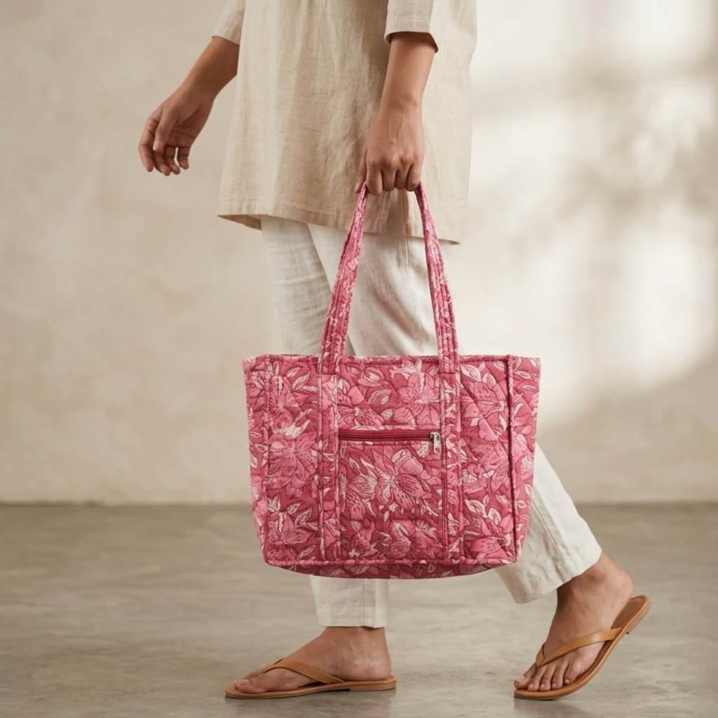 Pink Floral Handblock Print Tote Bag
