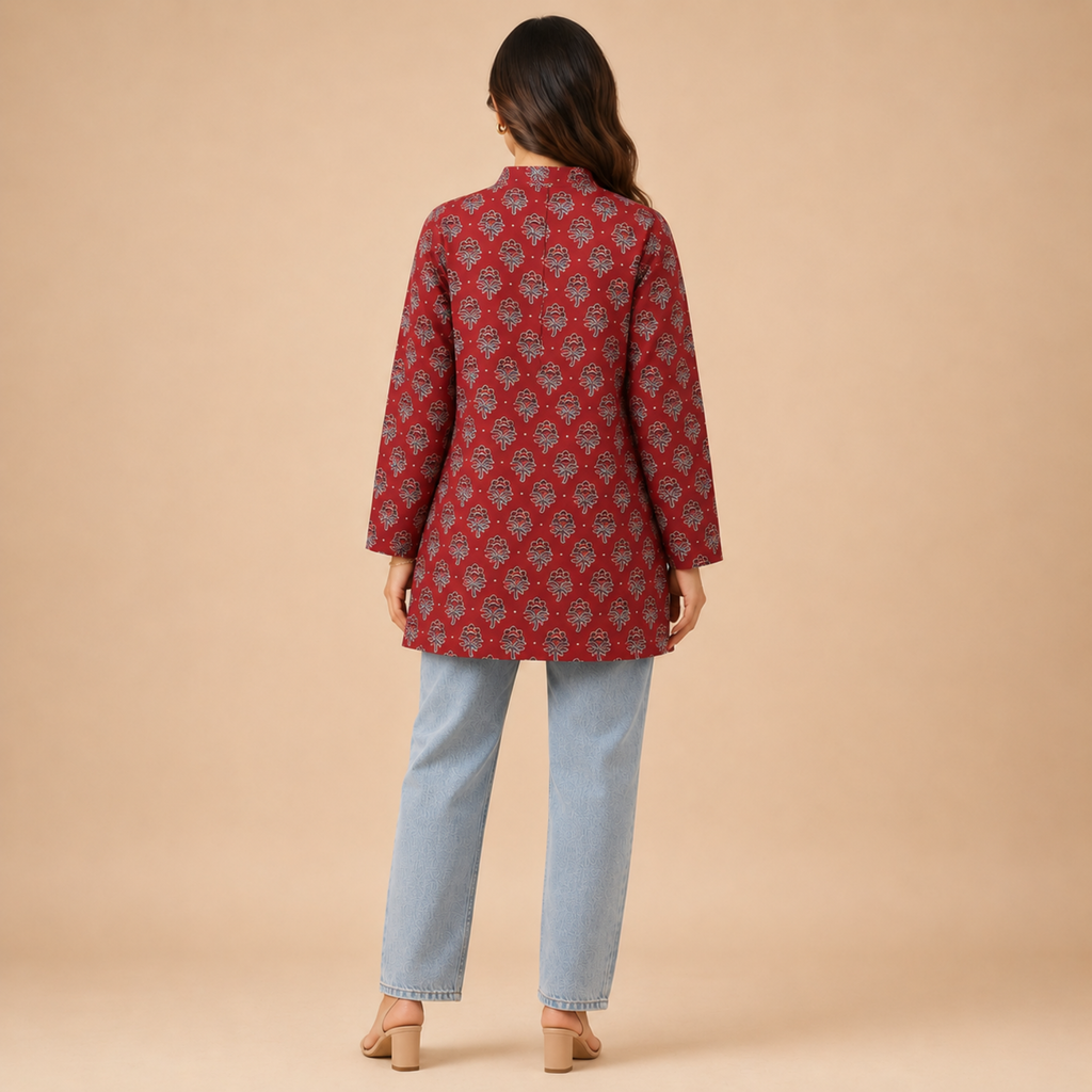 Red Ajrakh Print Short Kurti