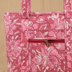 Pink Floral Handblock Print Tote Bag