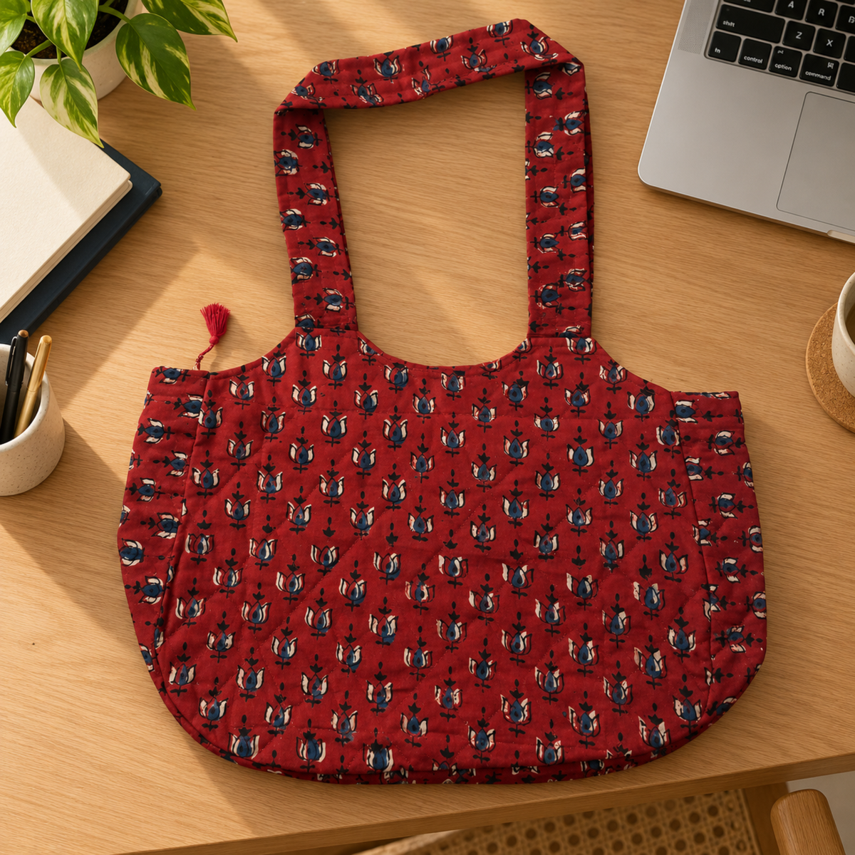 Red Ajrakh Boat Curve Quilted Tote