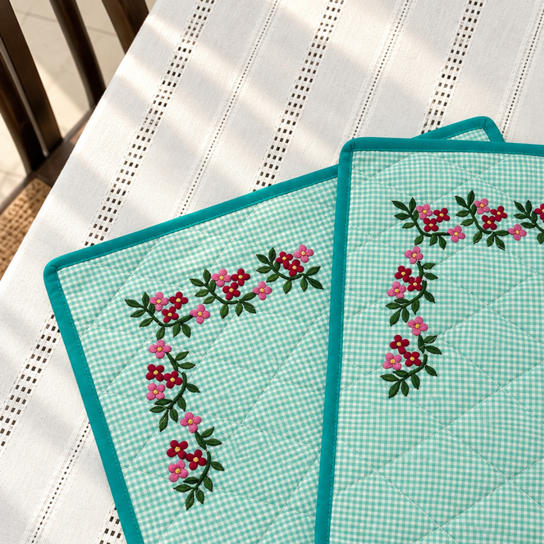 Sea Green Checked Cotton Quilted Table Mat Set