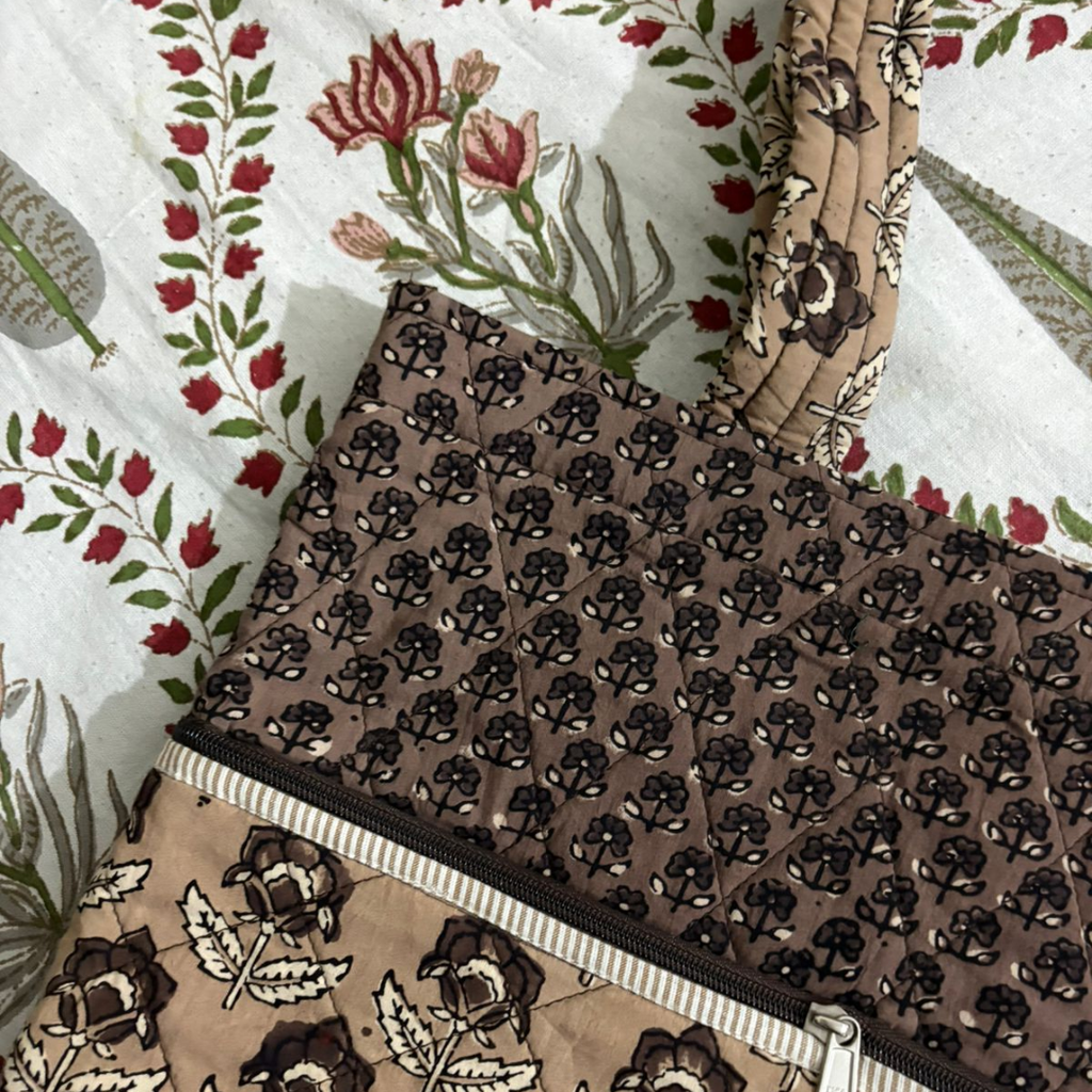 Brown Handblock Handcrafted Quilted Tote Bag