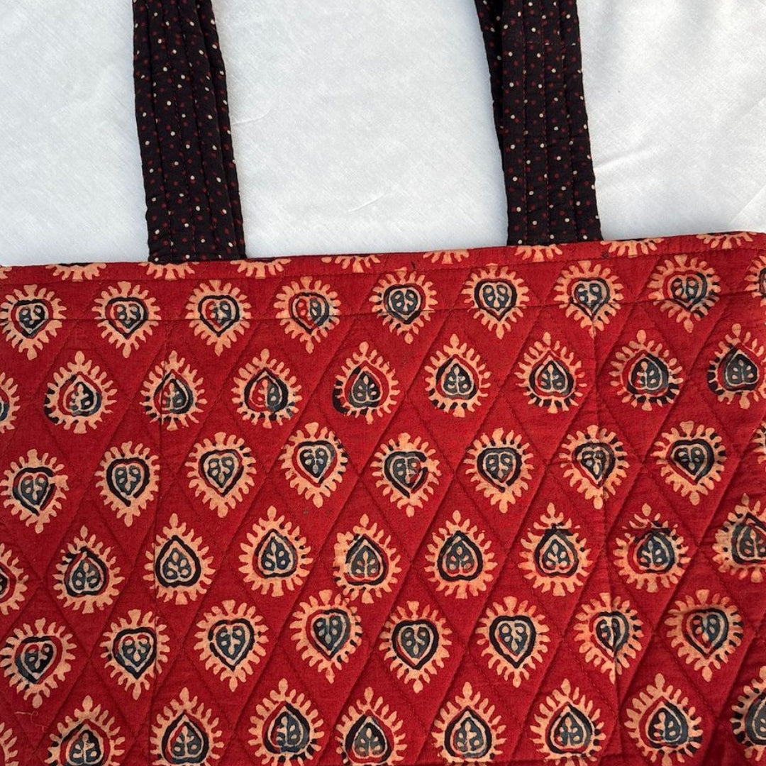 Red and Black Ajrakh Handcrafted Quilted Tote Bag