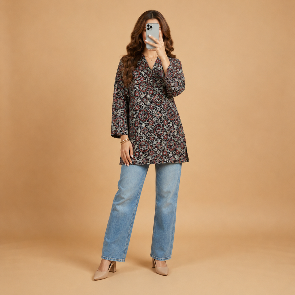 Black Ajrakh Print Short Kurti