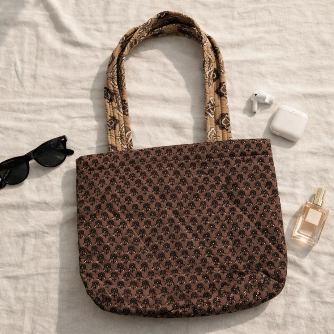 Brown Handblock Handcrafted Quilted Tote Bag