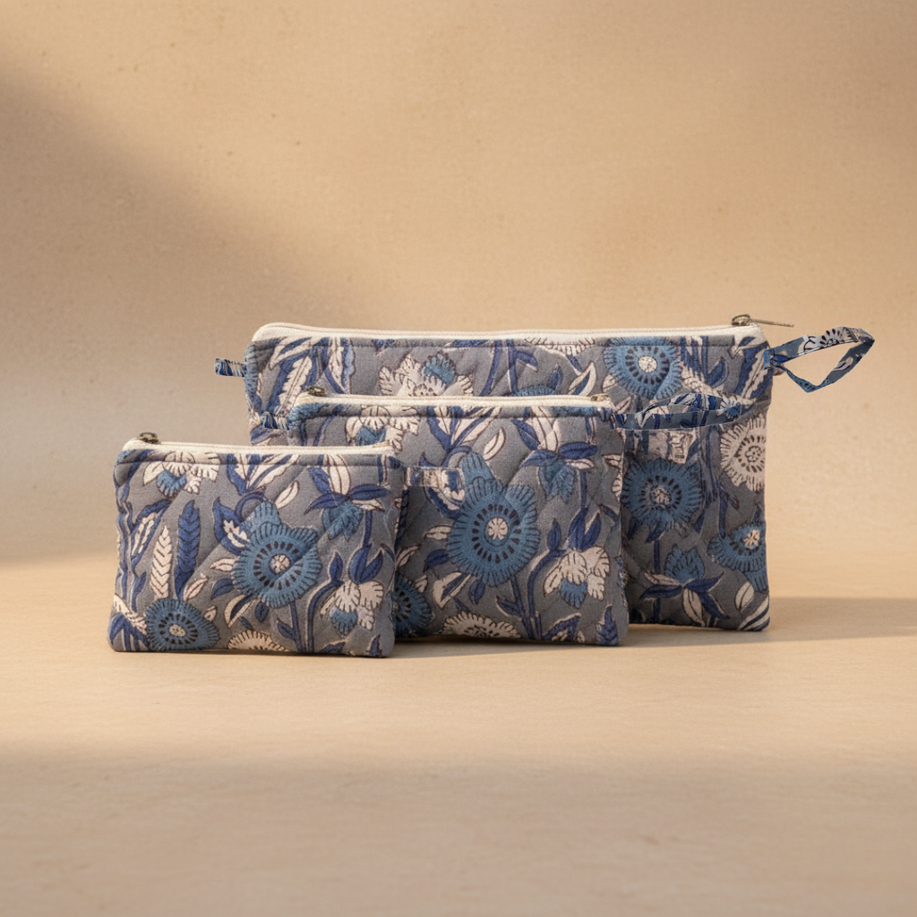 Blue & Grey Floral Handcrafted Set of Three Multipurpose pouch
