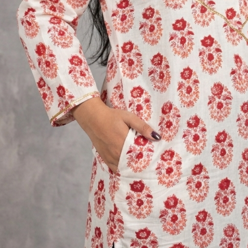 Cream Handblock Print Cotton Kurta
