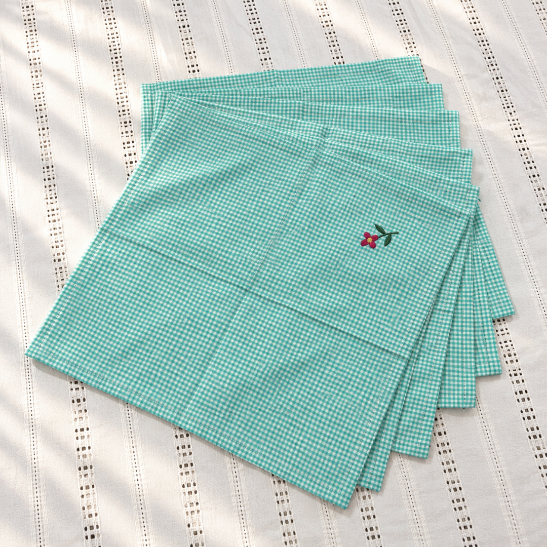 Sea Green Checked Cotton Quilted Table Mat Set