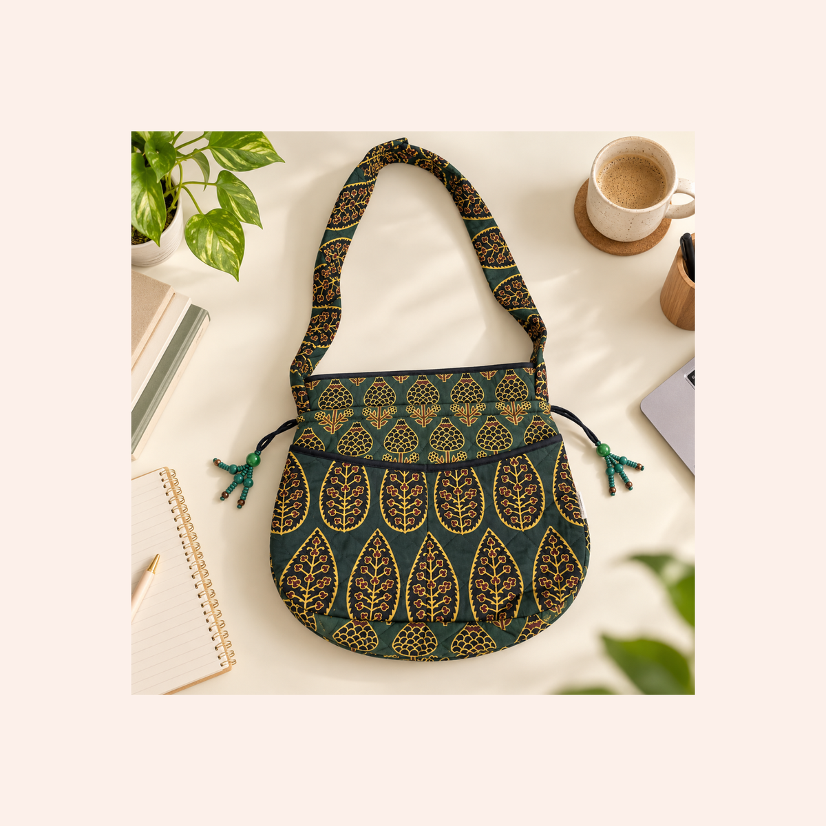Green Ajrakh Quilted Potli Bag