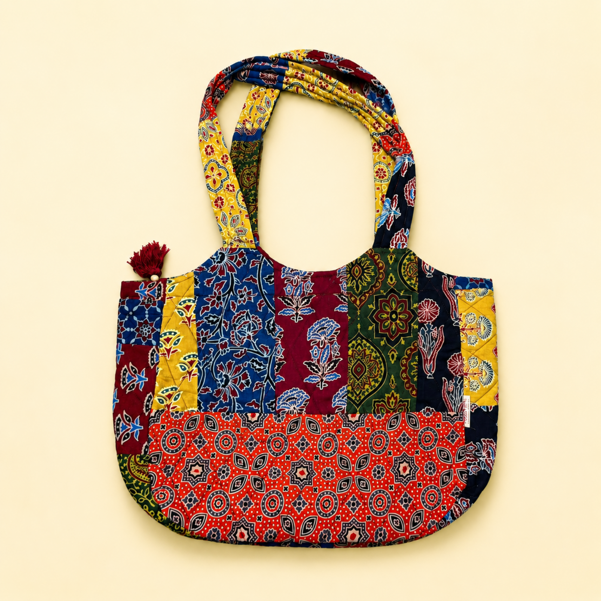 Multicoloured Ajrakh Print Boat Curve Quilted Tote