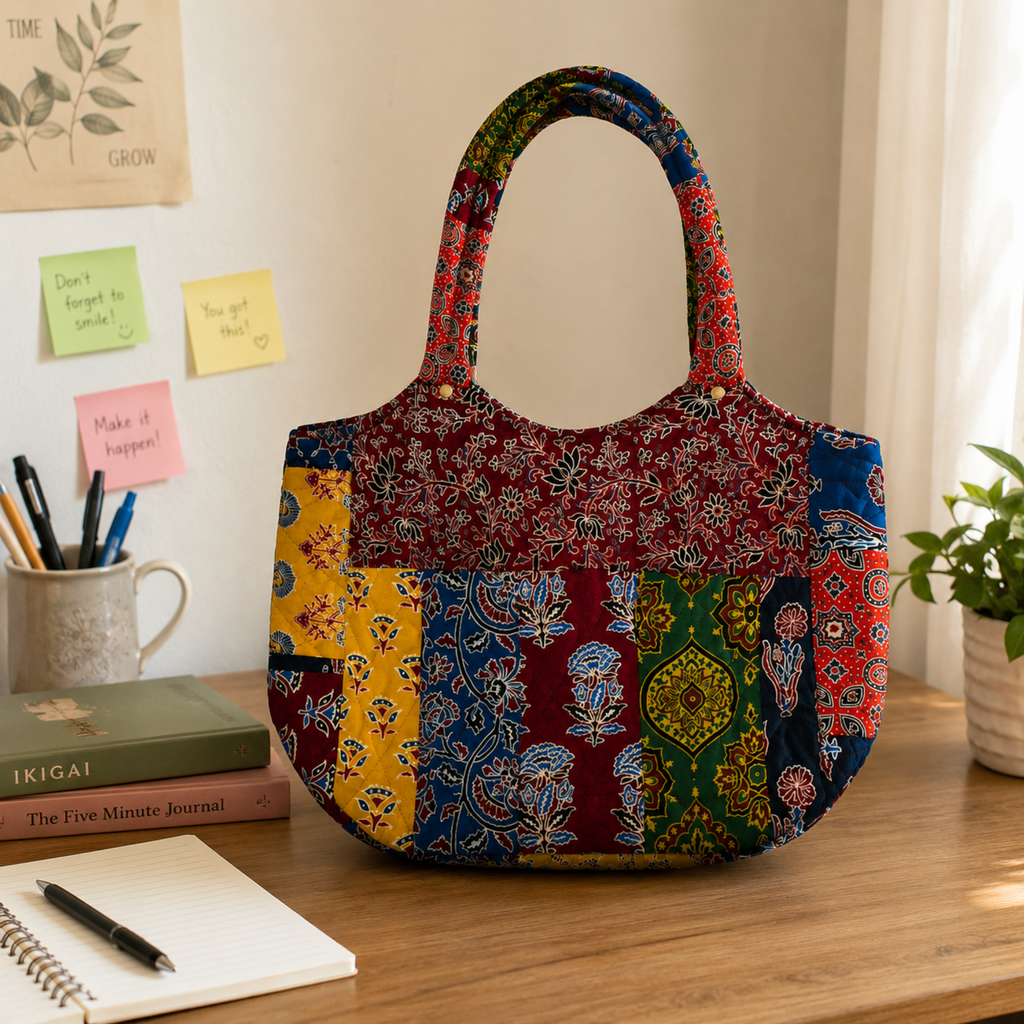 Multicoloured Handblock Print Boat Curve Quilted Tote