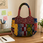 Multicoloured Handblock Print Boat Curve Quilted Tote