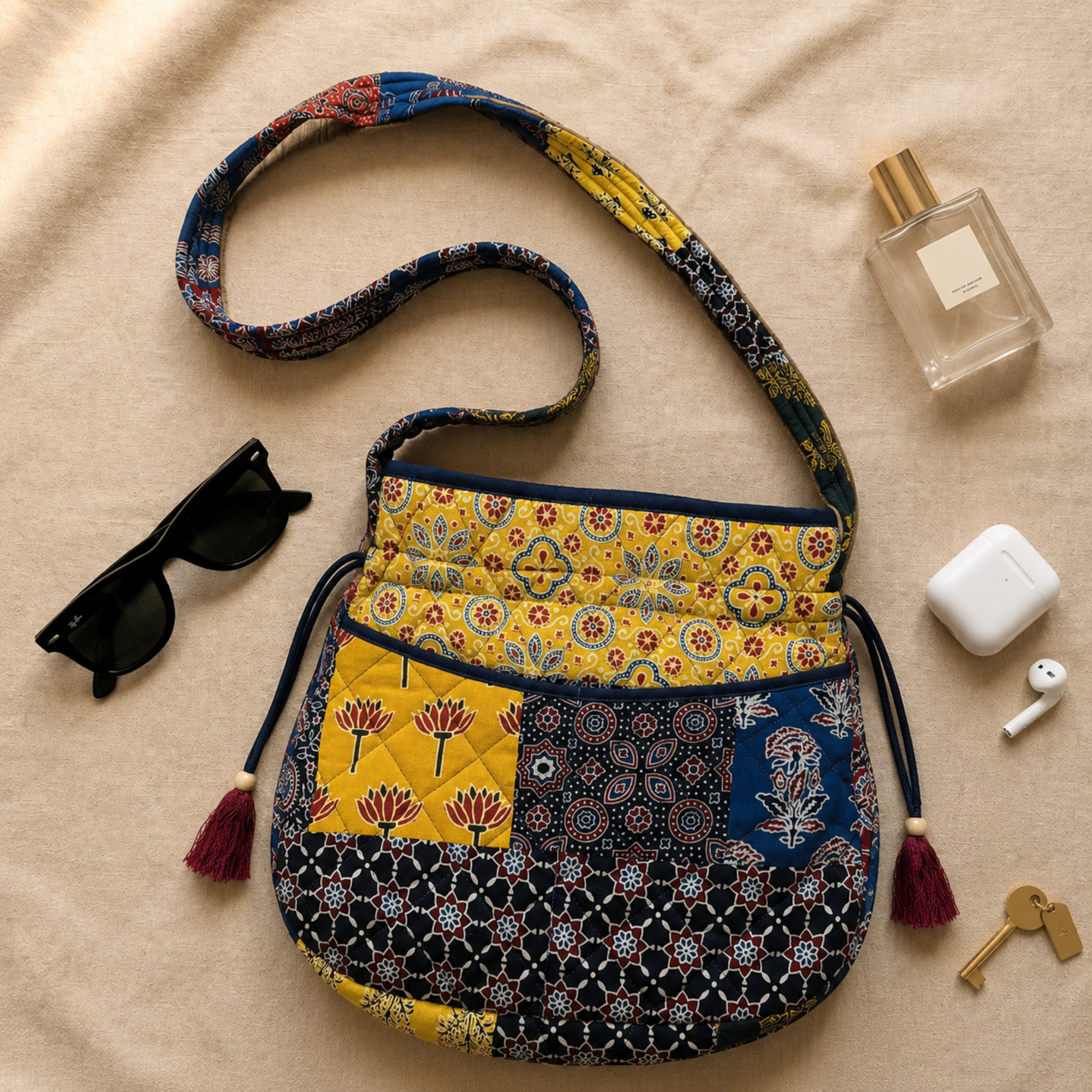 Multicoloured Ajrakh Drawstring Quilted Potli Bag