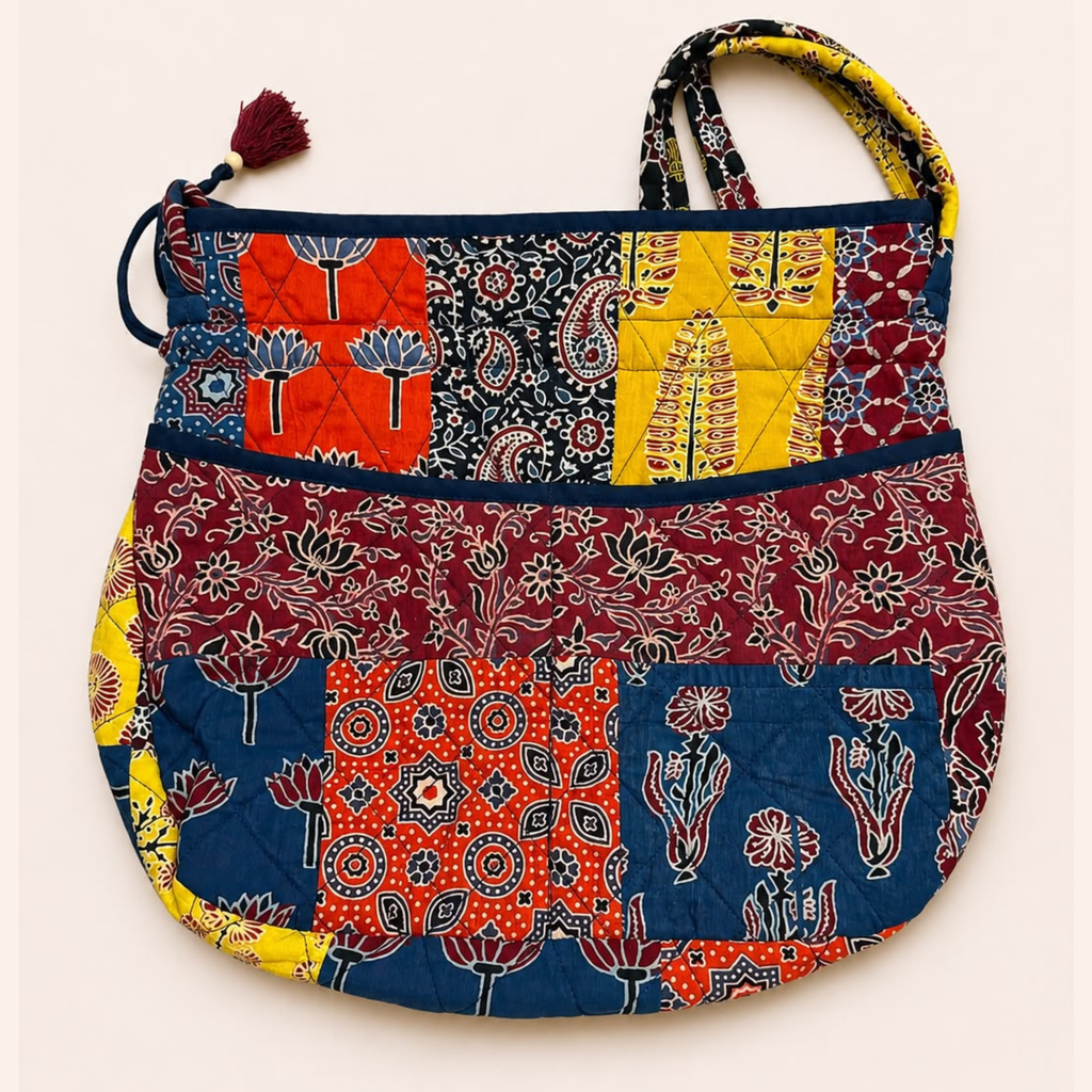 Multicoloured Ajrakh Drawstring Quilted Potli Bag