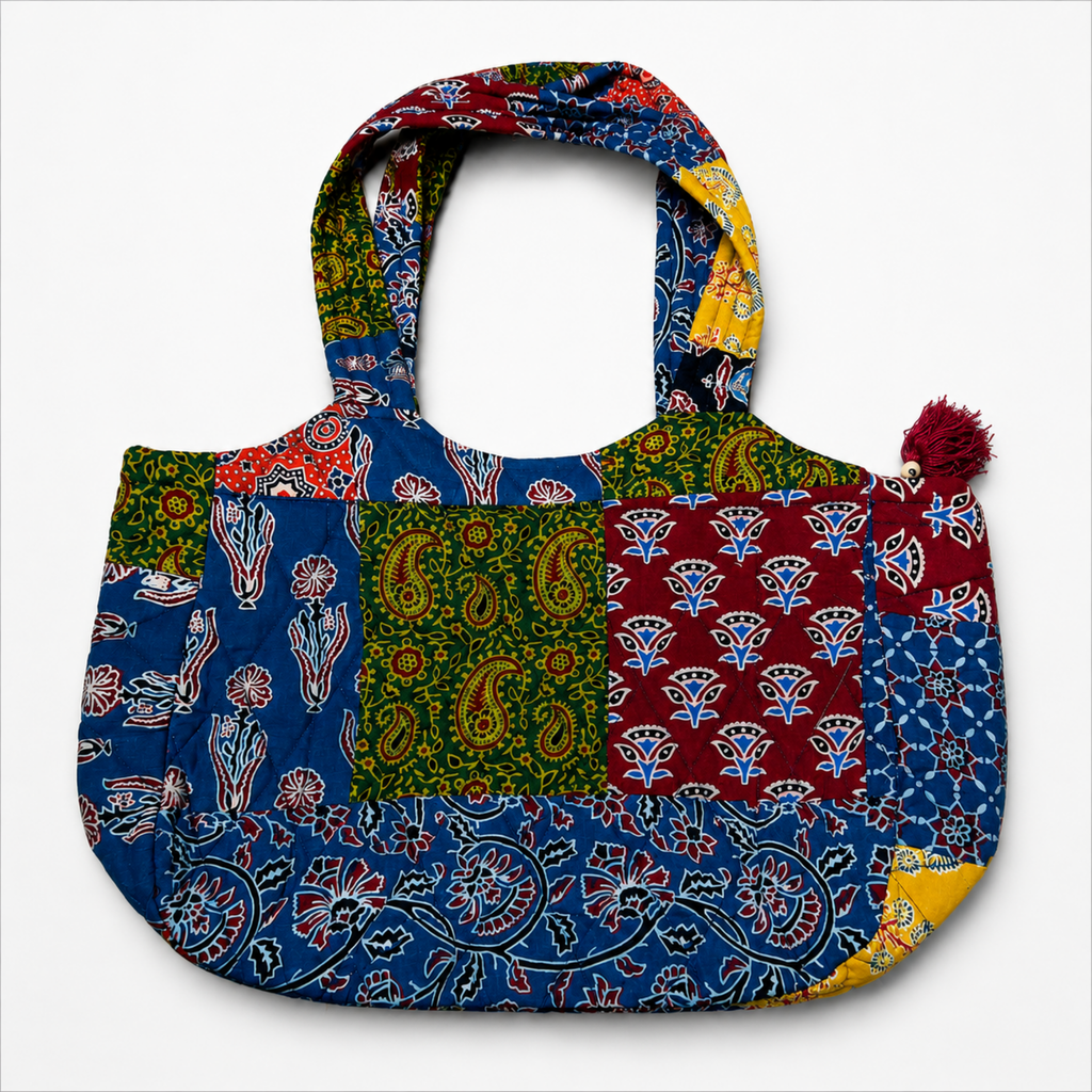 Multicoloured Ajrakh Print Boat Curve Quilted Tote