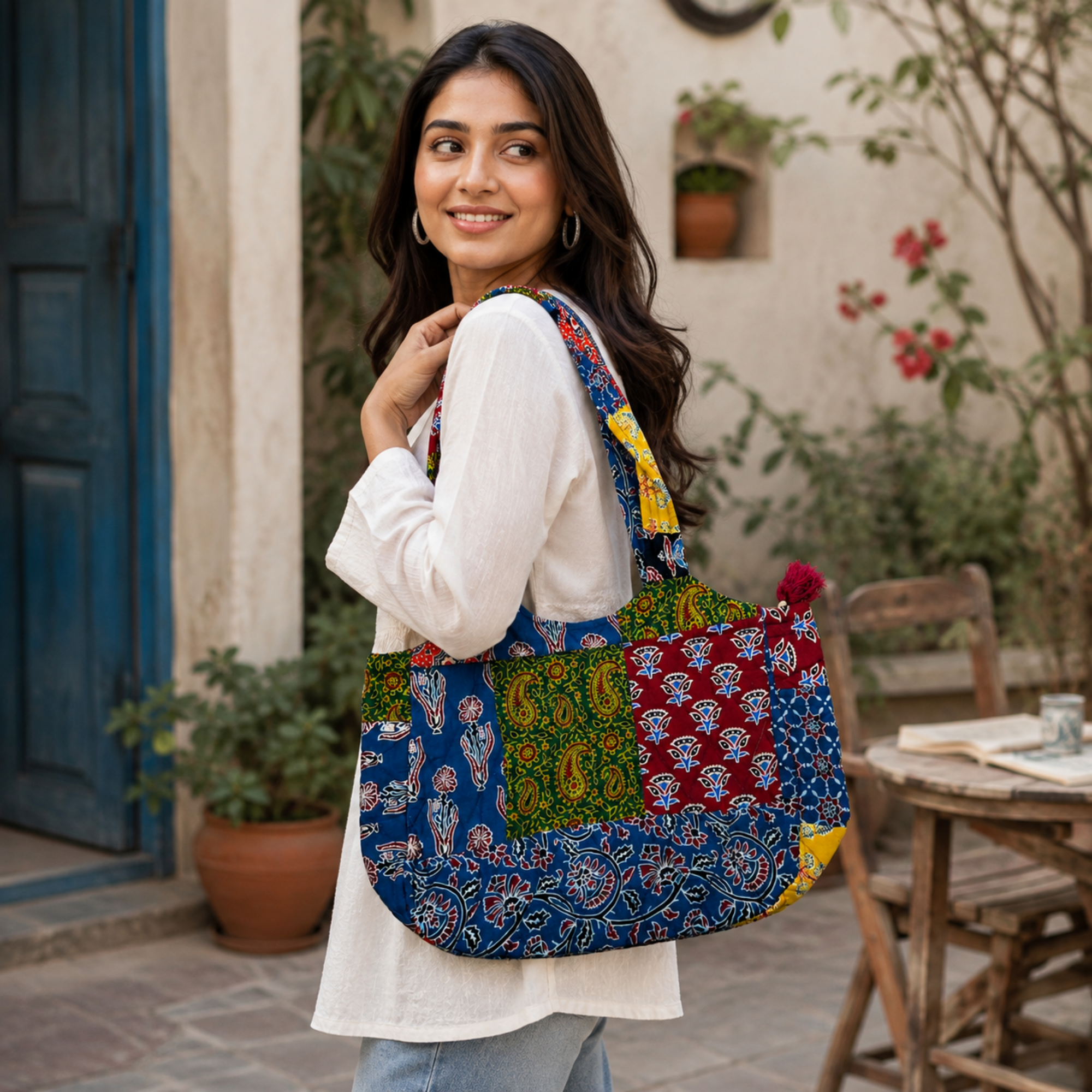 Multicoloured Ajrakh Print Boat Curve Quilted Tote