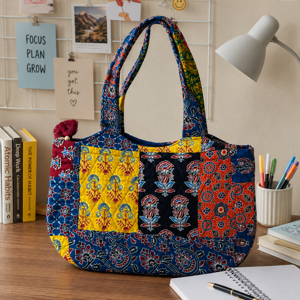 Multicoloured Ajrakh Print Boat Curve Quilted Tote
