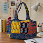 Multicoloured Ajrakh Print Boat Curve Quilted Tote