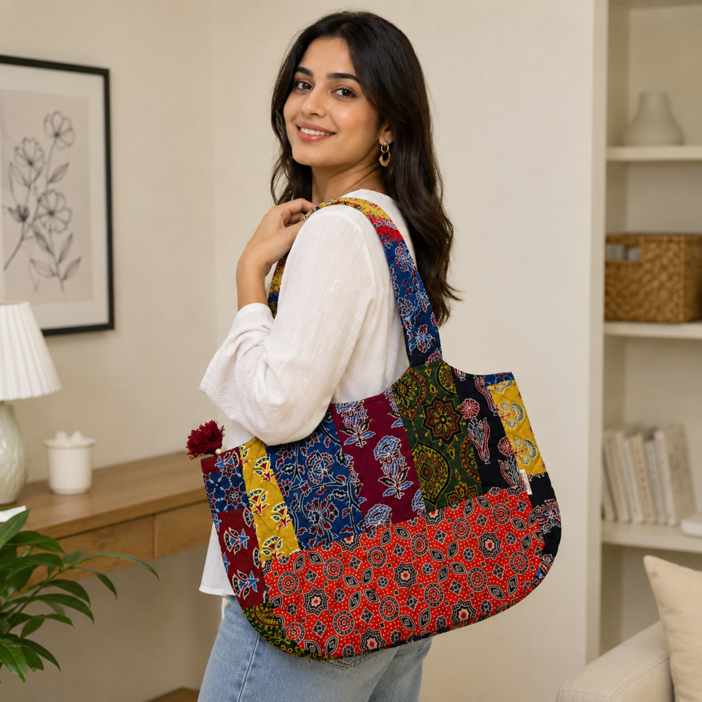 Multicoloured Ajrakh Print Boat Curve Quilted Tote