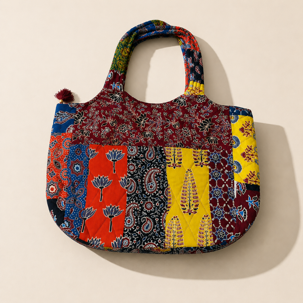 Multicoloured Handblock Print Boat Curve Quilted Tote