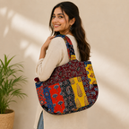 Multicoloured Handblock Print Boat Curve Quilted Tote