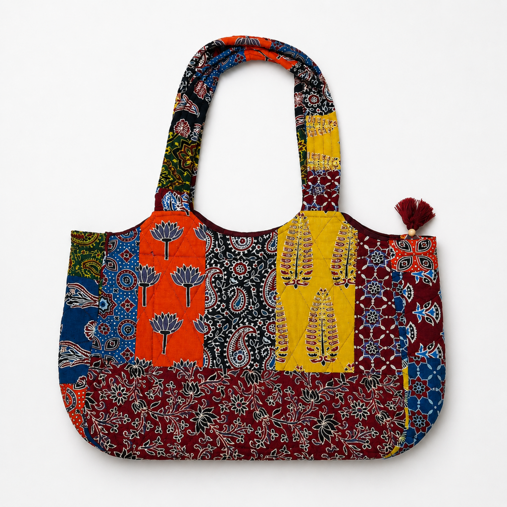 Multicoloured Ajrakh Print Boat Curve Quilted Tote