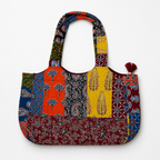 Multicoloured Ajrakh Print Boat Curve Quilted Tote