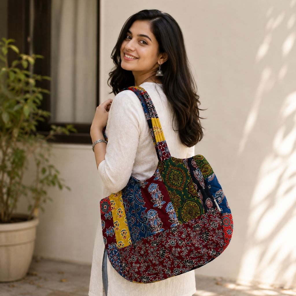 Multicoloured Ajrakh Print Boat Curve Quilted Tote