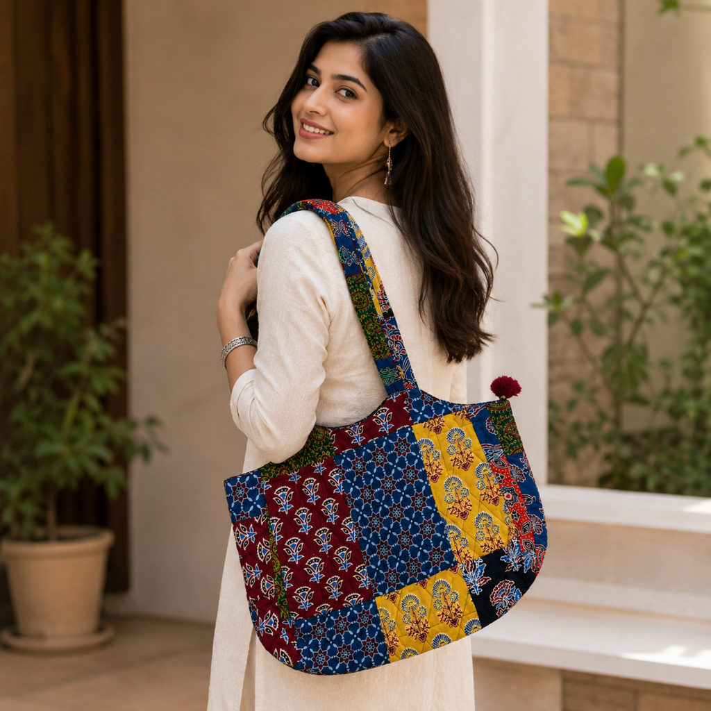 Patchwork Ajrakh Print Boat Curve Quilted Tote