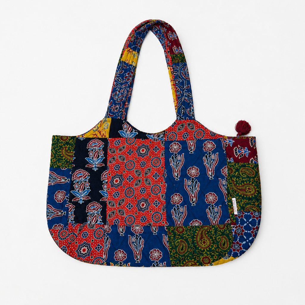 Patchwork Ajrakh Print Boat Curve Quilted Tote