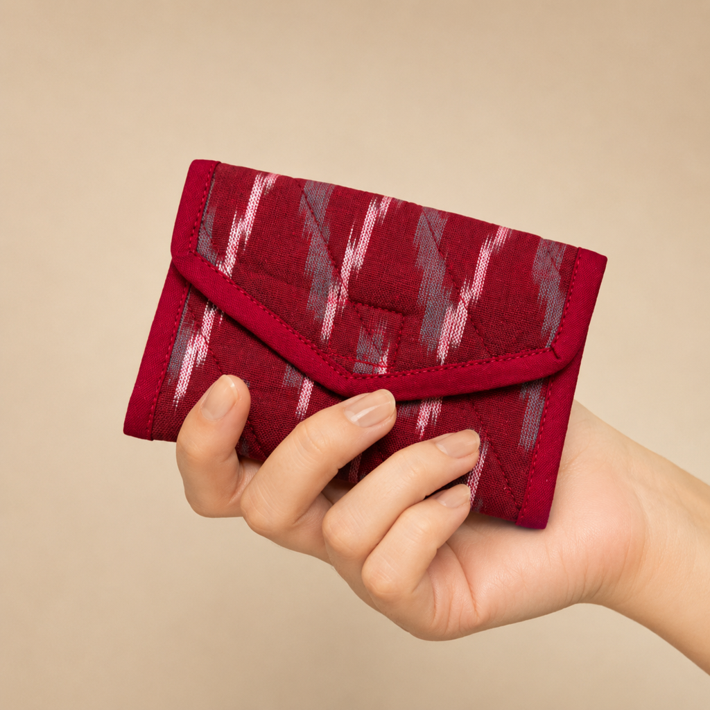 A hand holding a small envelope-style wallet made of deep red fabric with a gray and white ikat pattern, set against a solid beige background.