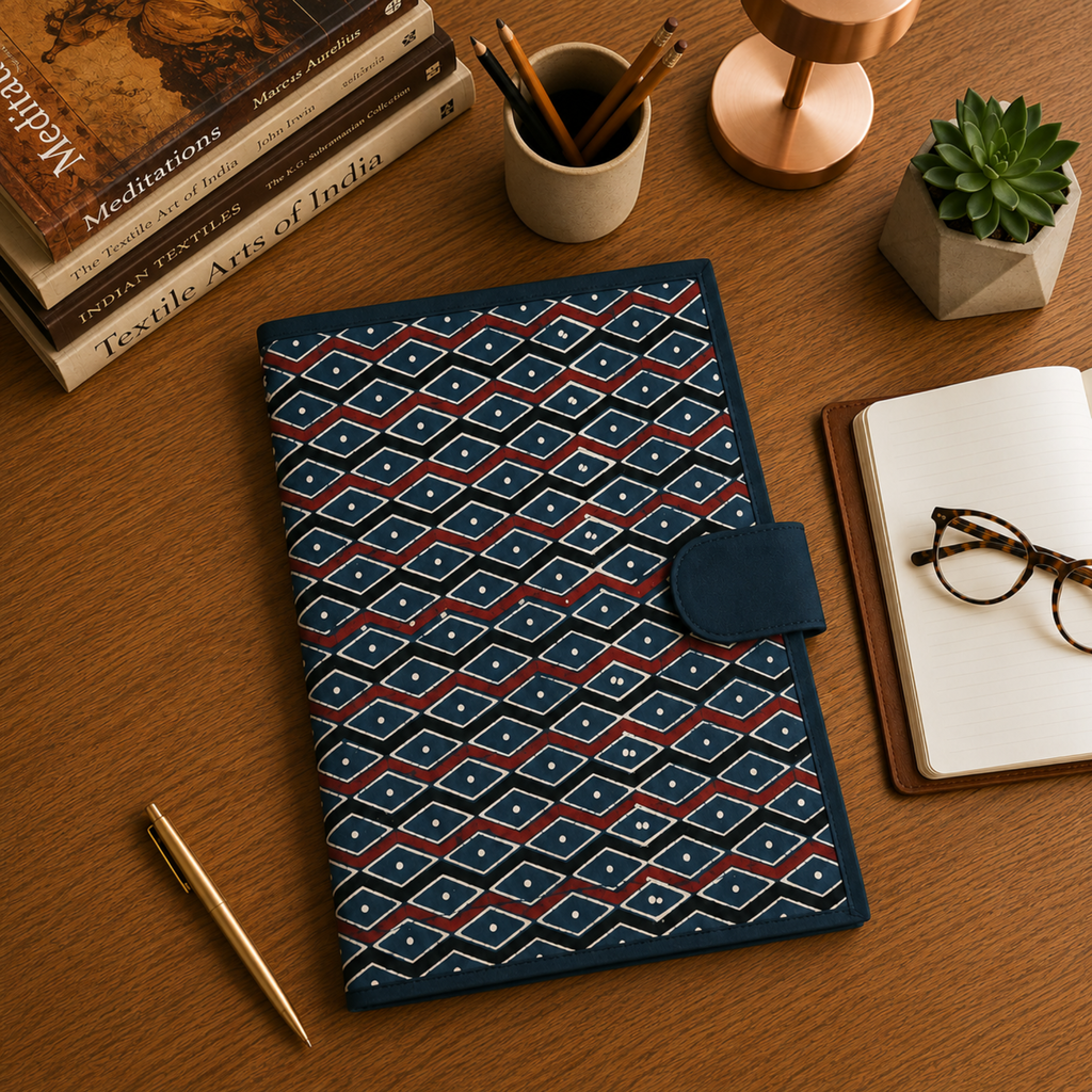 A closed notebook or planner with a navy blue cover and a repeating geometric diamond pattern in navy, red, and white, placed on a wooden desk. Surrounding props include books, a cup with pencils, a small plant, a pen, and an open notebook with glasses.