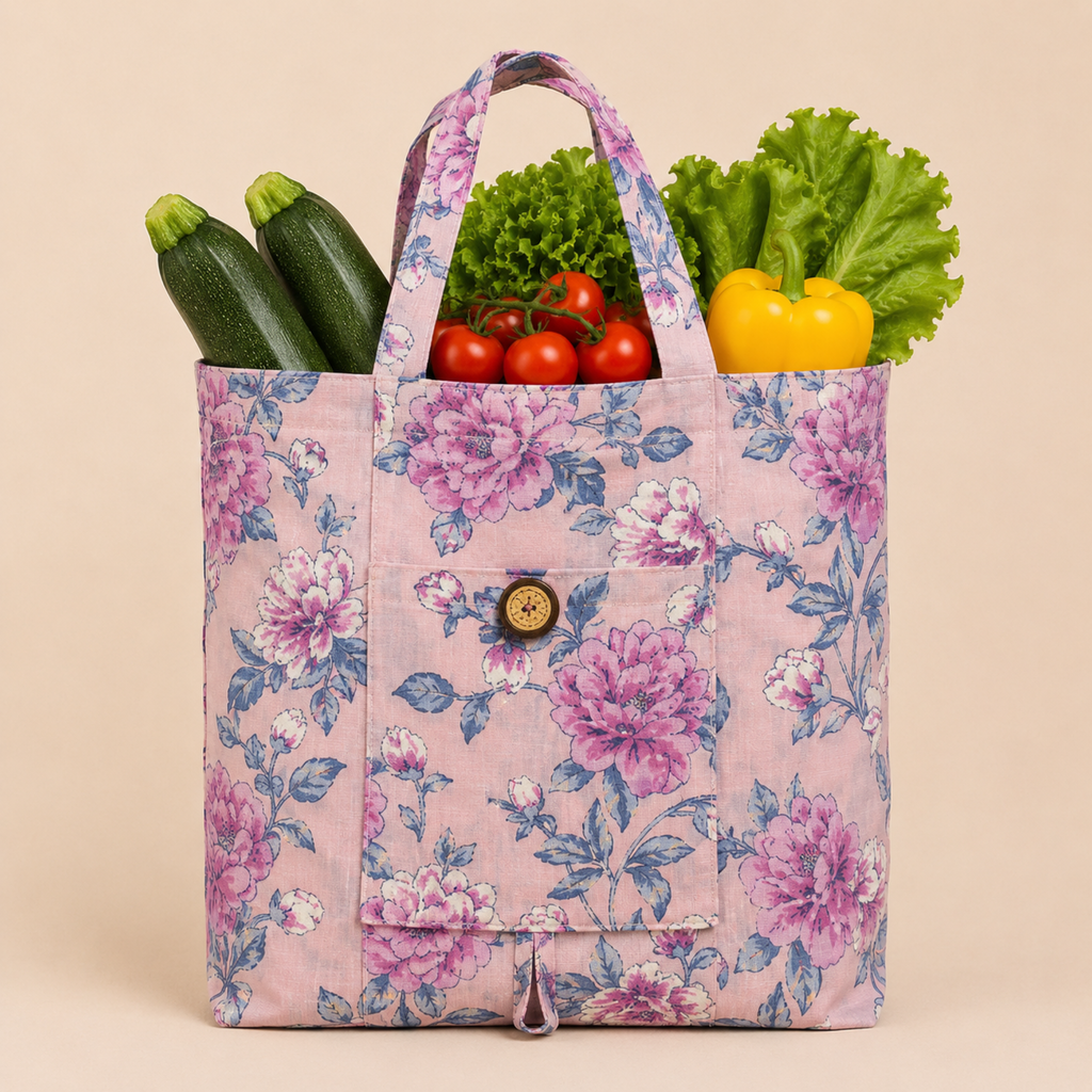 A pink floral reusable tote bag filled with fresh vegetables, including zucchini, tomatoes, lettuce, and a yellow bell pepper, set against a solid beige background.