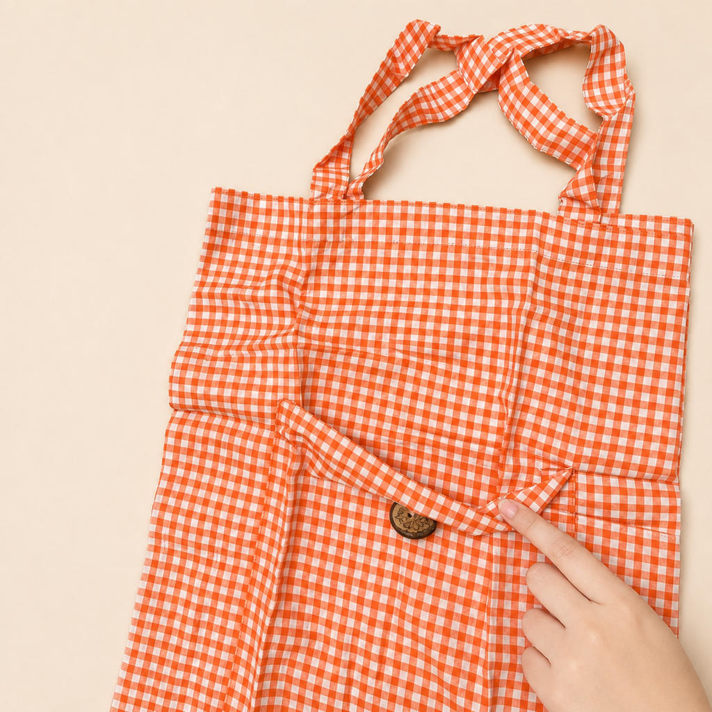 An orange and white gingham tote bag with a small brown button detail, shown with a hand pointing to the fabric texture against a light beige background.