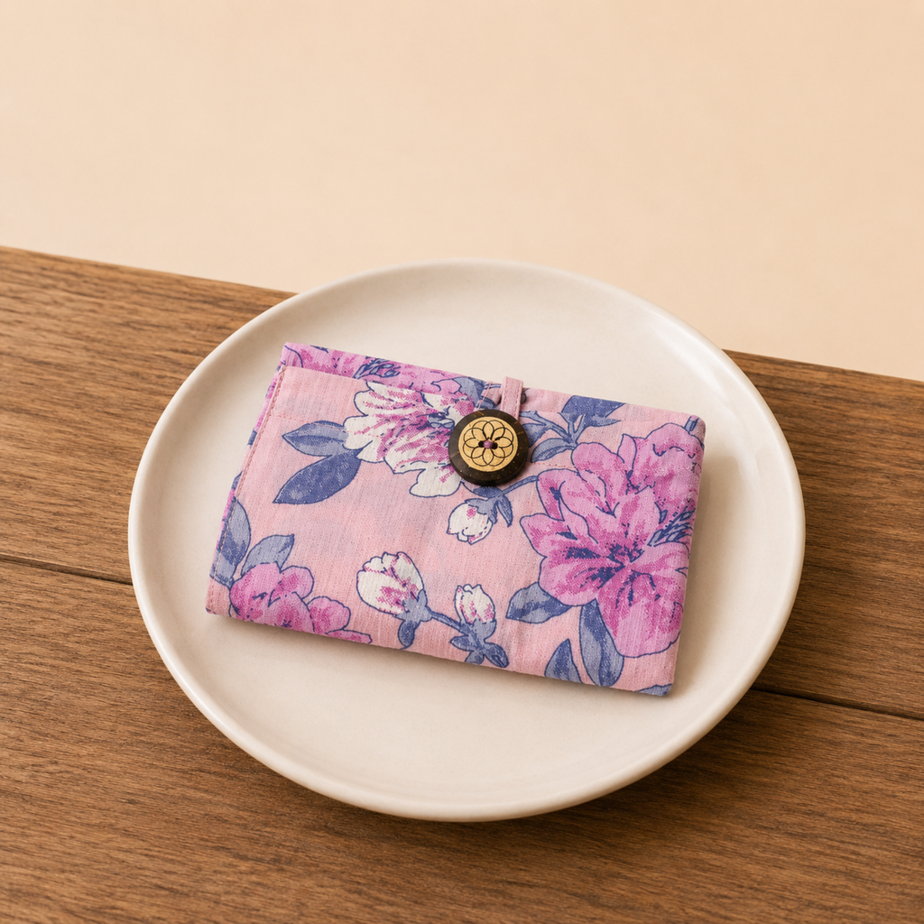 A pink floral fabric pouch with a button closure, displayed on a white ceramic plate over a wooden surface.