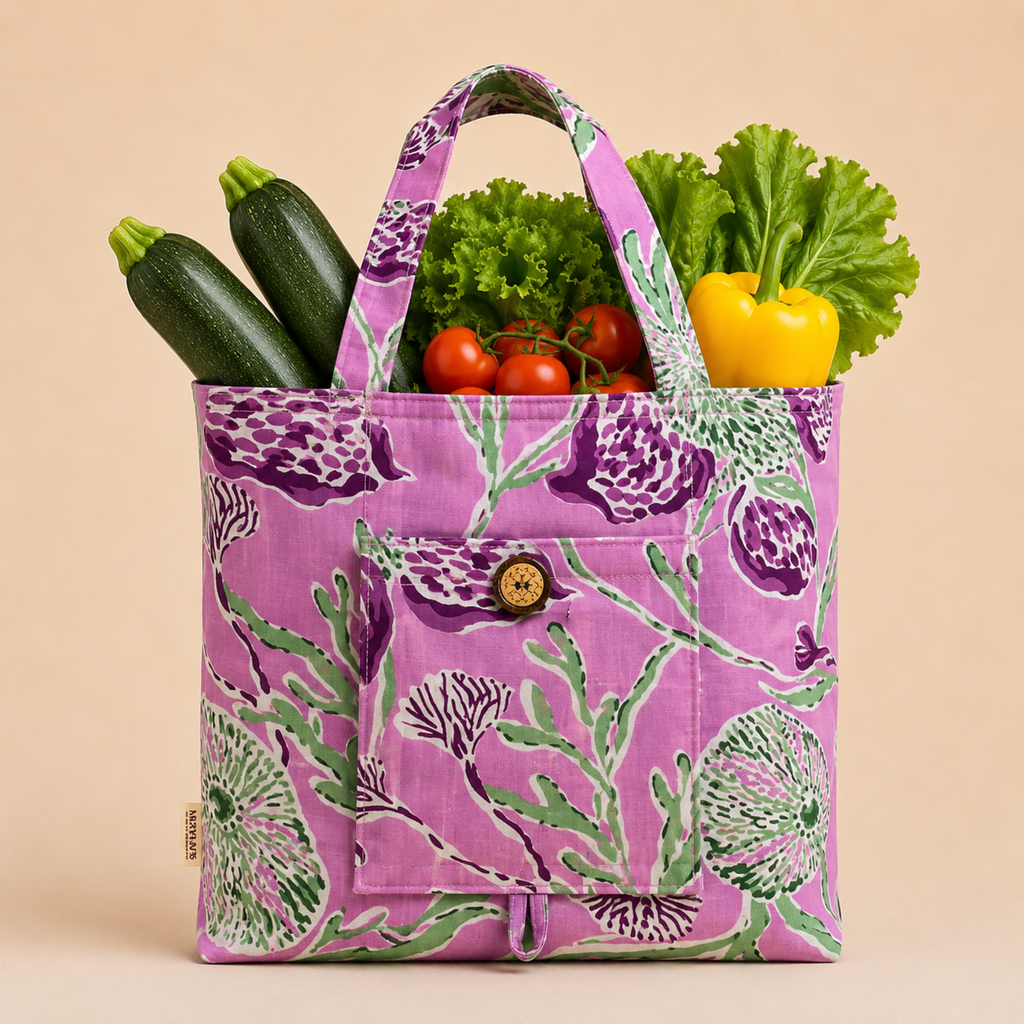 A purple fabric grocery tote bag with a green and white botanical pattern, filled with fresh vegetables including zucchini, tomatoes, lettuce, and a yellow bell pepper, set against a solid beige background.