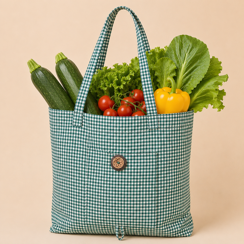 A green and white gingham reusable tote bag filled with fresh vegetables, including zucchinis, tomatoes, lettuce, and a yellow bell pepper, set against a solid beige background.