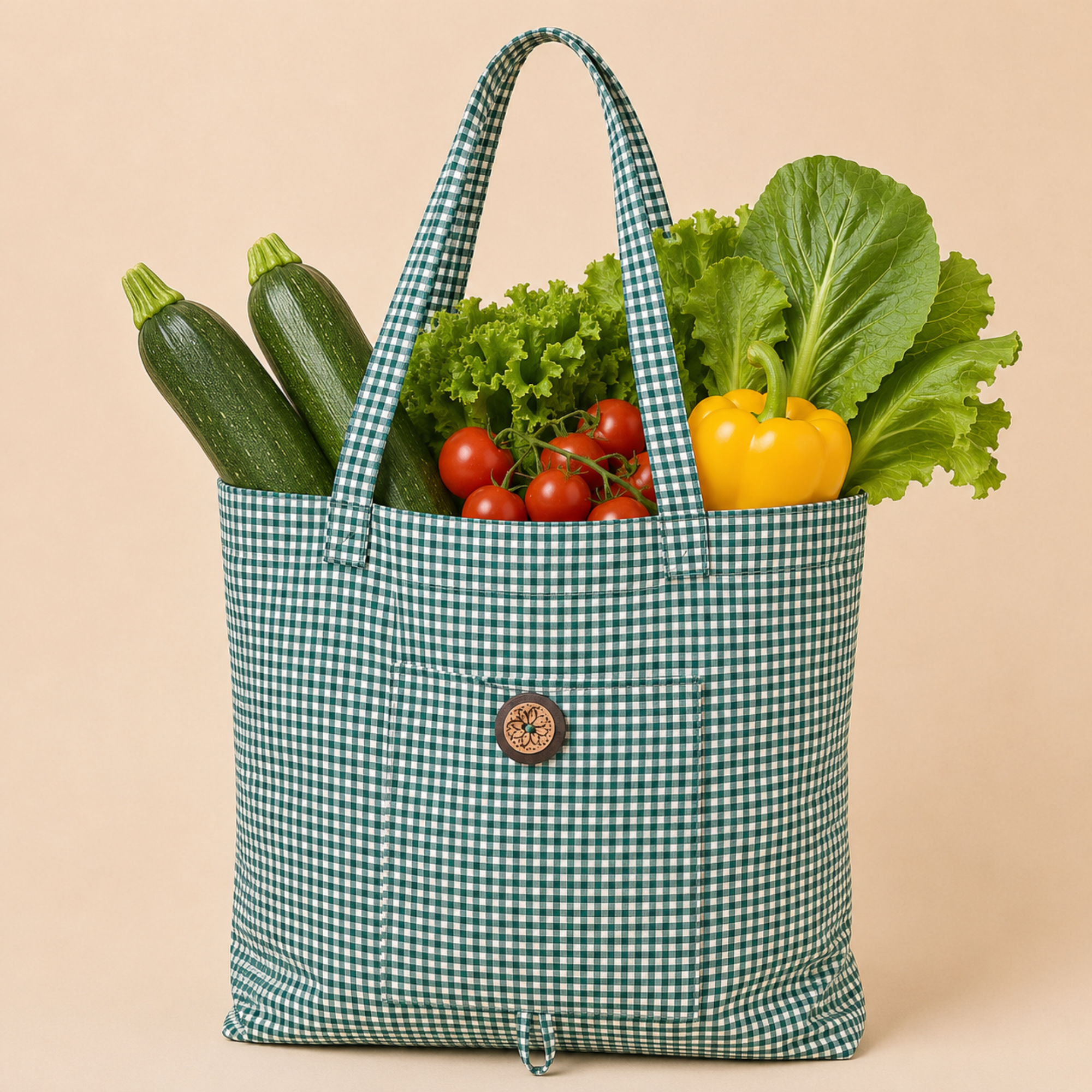 A green and white gingham reusable tote bag filled with fresh vegetables, including zucchinis, tomatoes, lettuce, and a yellow bell pepper, set against a solid beige background.